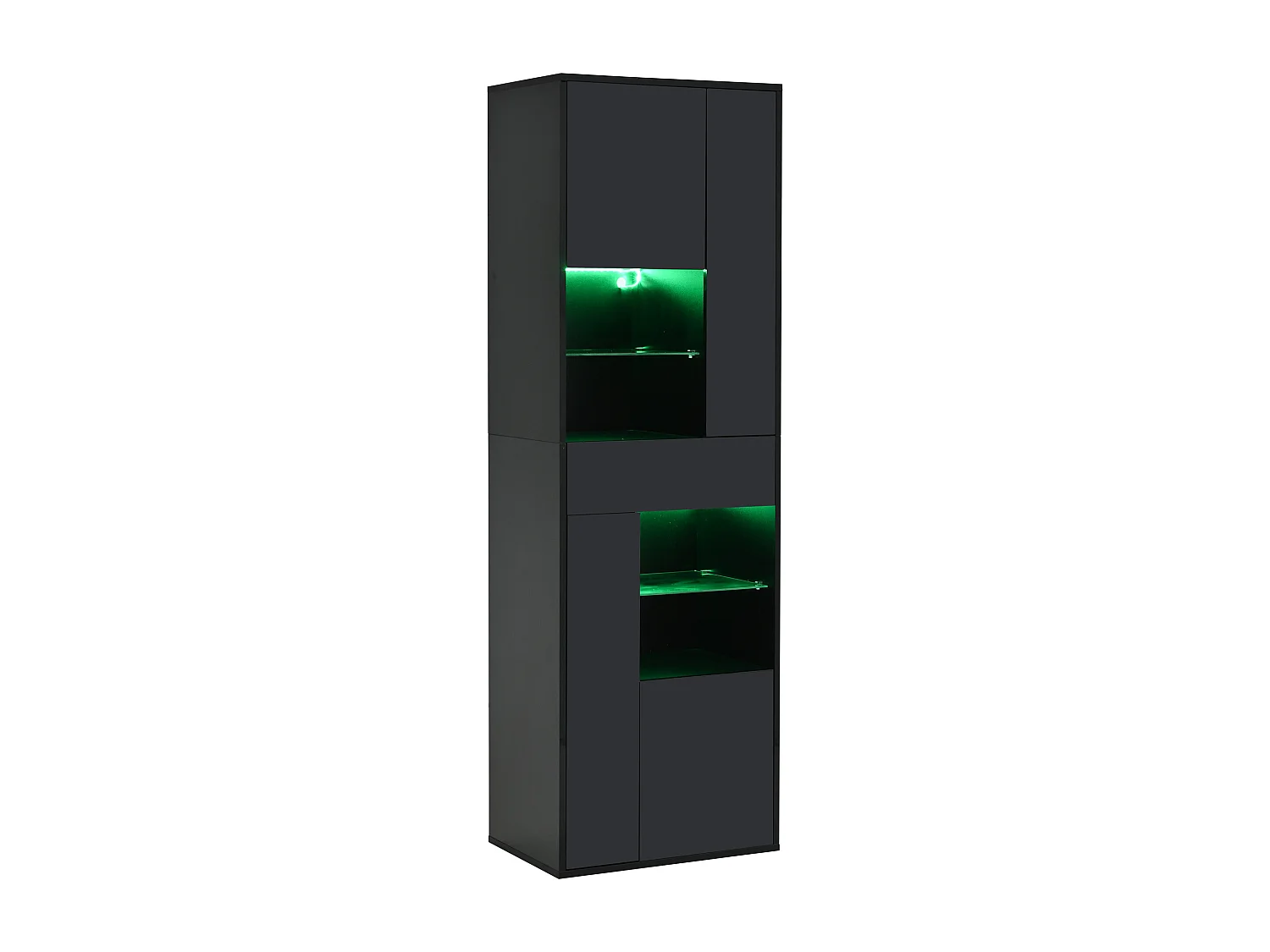 Vitrine LED avec 1 tiroir de rangement et 4 portes, étagères en verre - noir