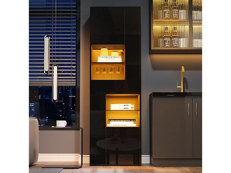 Vitrine LED avec 1 tiroir de rangement et 4 portes, étagères en verre - noir