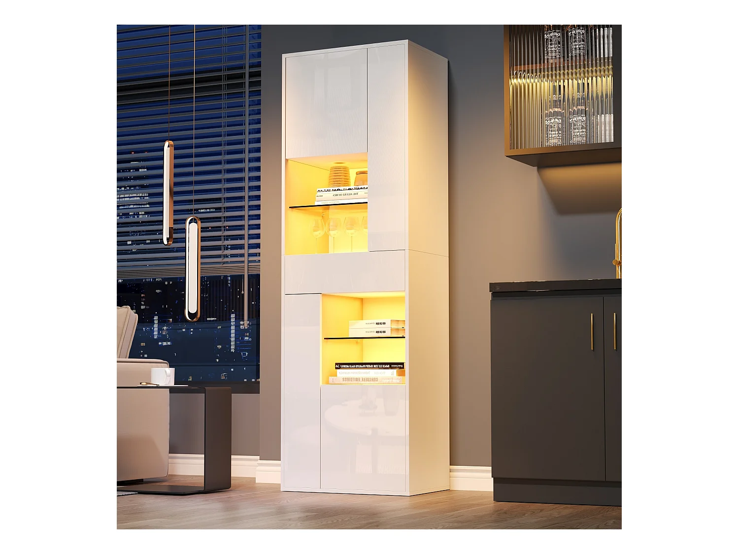 Vitrine LED avec 1 tiroir de rangement et 4 portes, étagères en verre - blanc