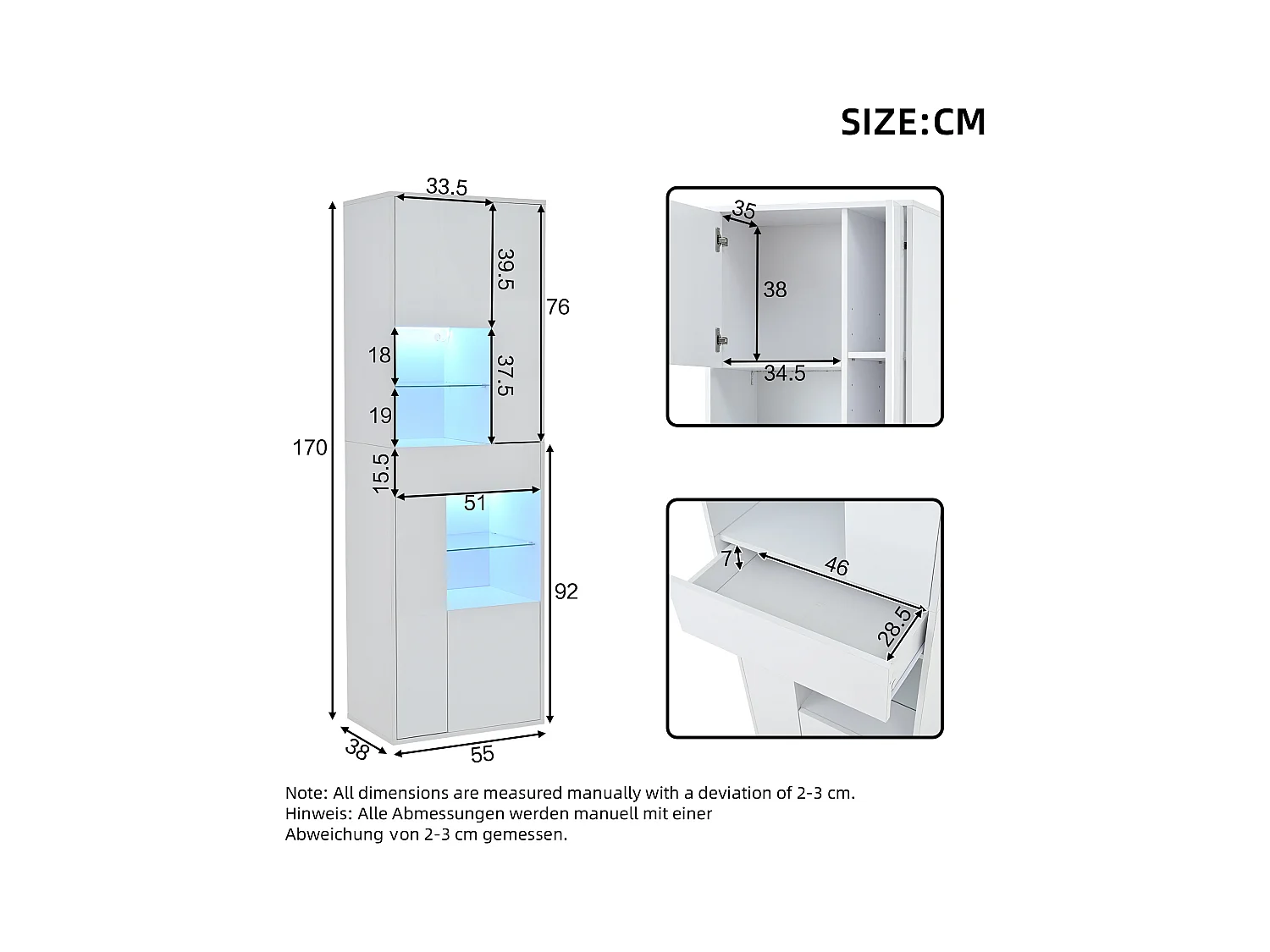 Vitrine LED avec 1 tiroir de rangement et 4 portes, étagères en verre - blanc