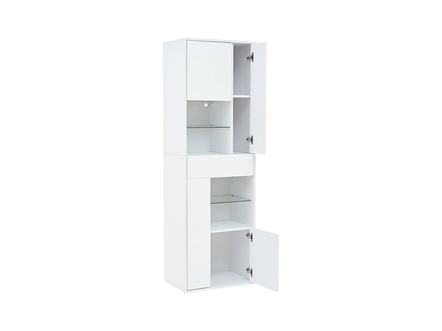 Vitrine LED avec 1 tiroir de rangement et 4 portes, étagères en verre - blanc