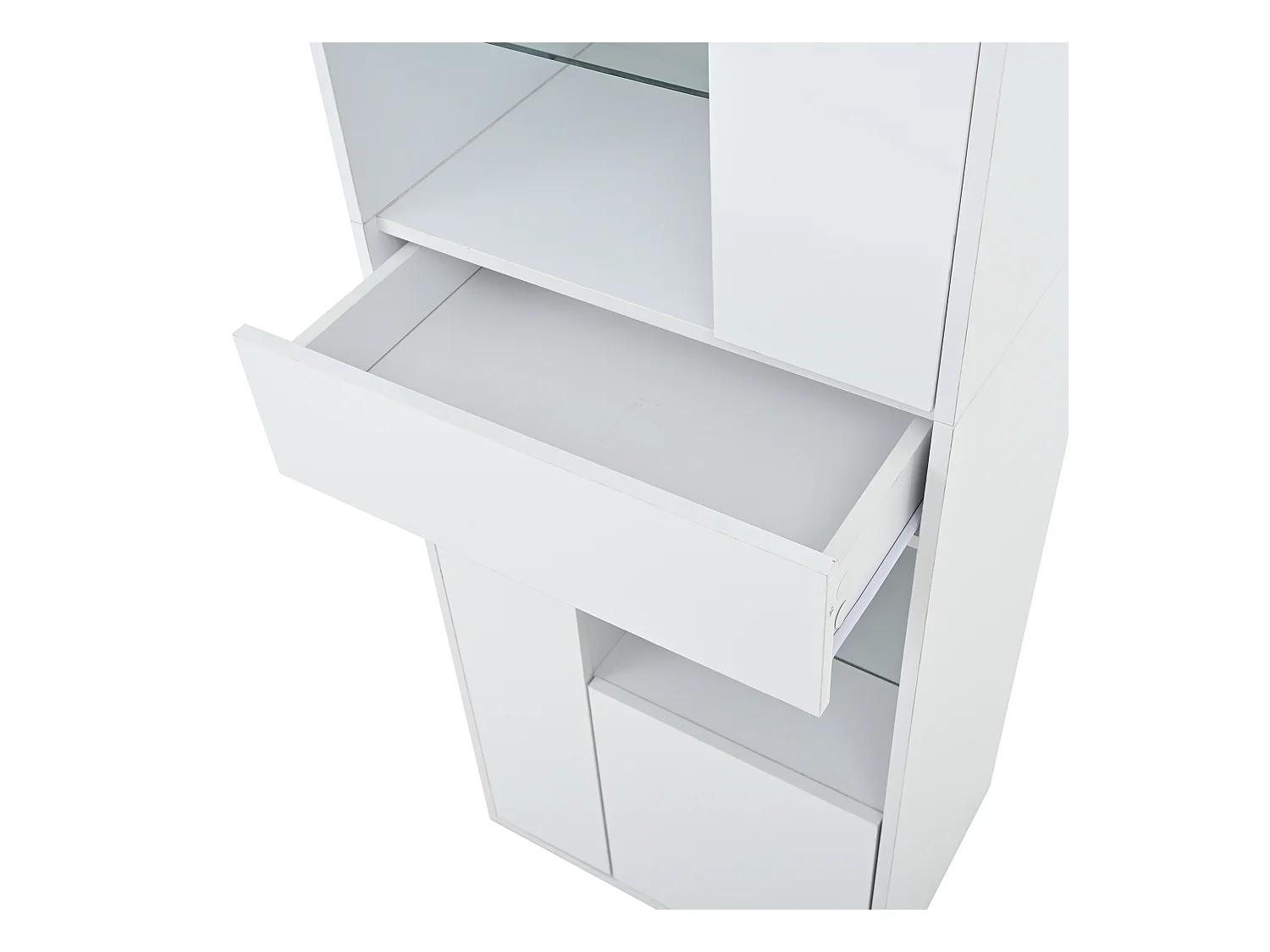 Vitrine LED avec 1 tiroir de rangement et 4 portes, étagères en verre - blanc