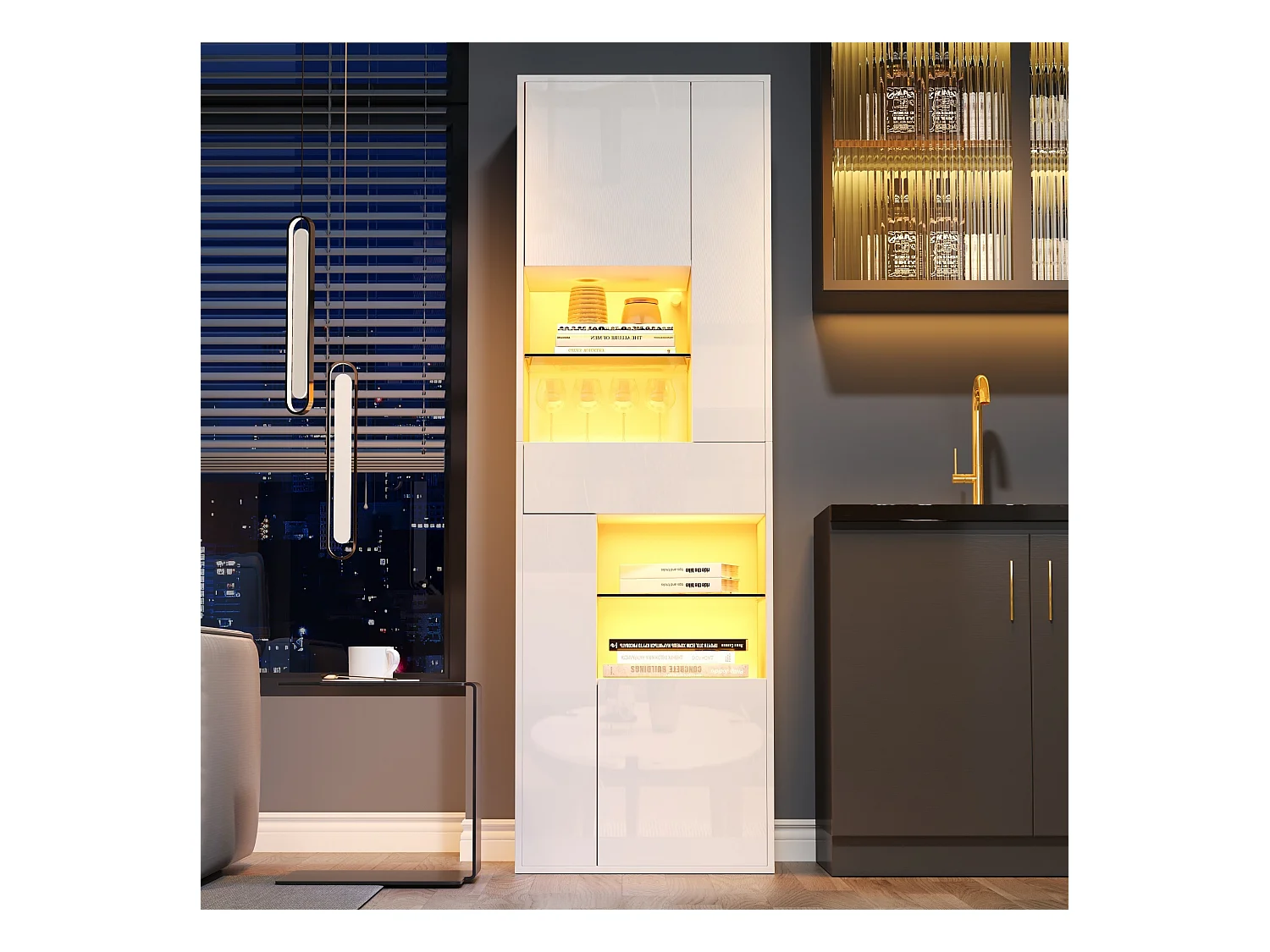Vitrine LED avec 1 tiroir de rangement et 4 portes, étagères en verre - blanc