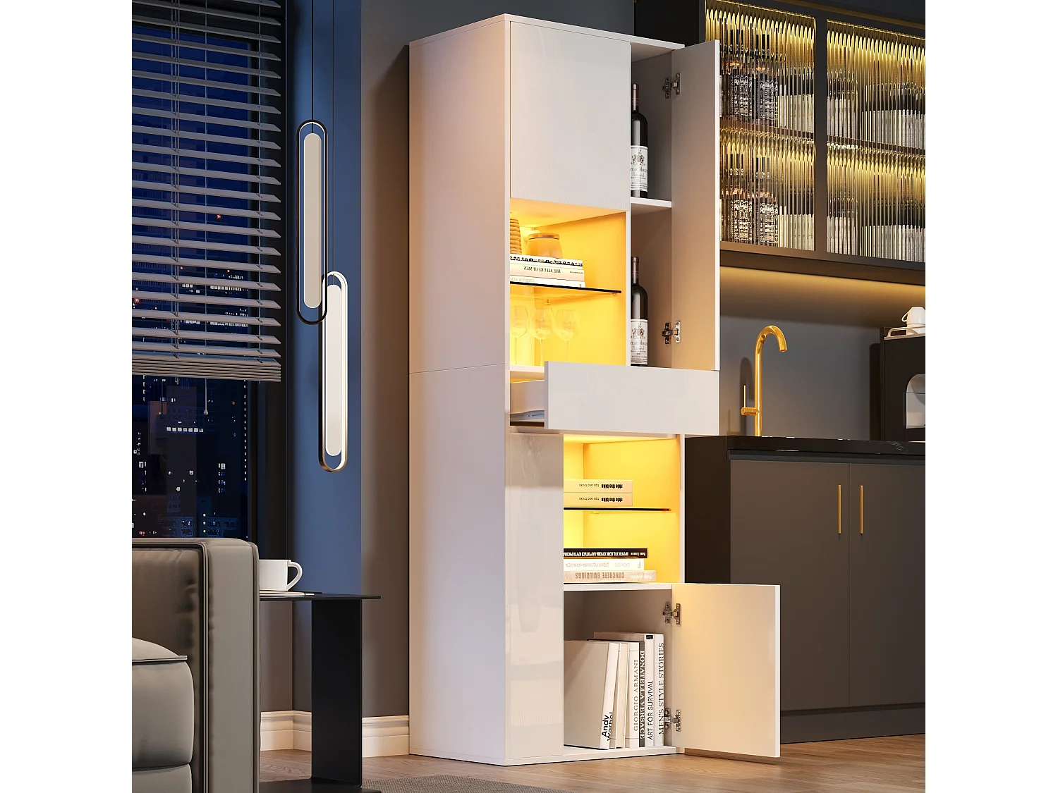 Vitrine LED avec 1 tiroir de rangement et 4 portes, étagères en verre - blanc