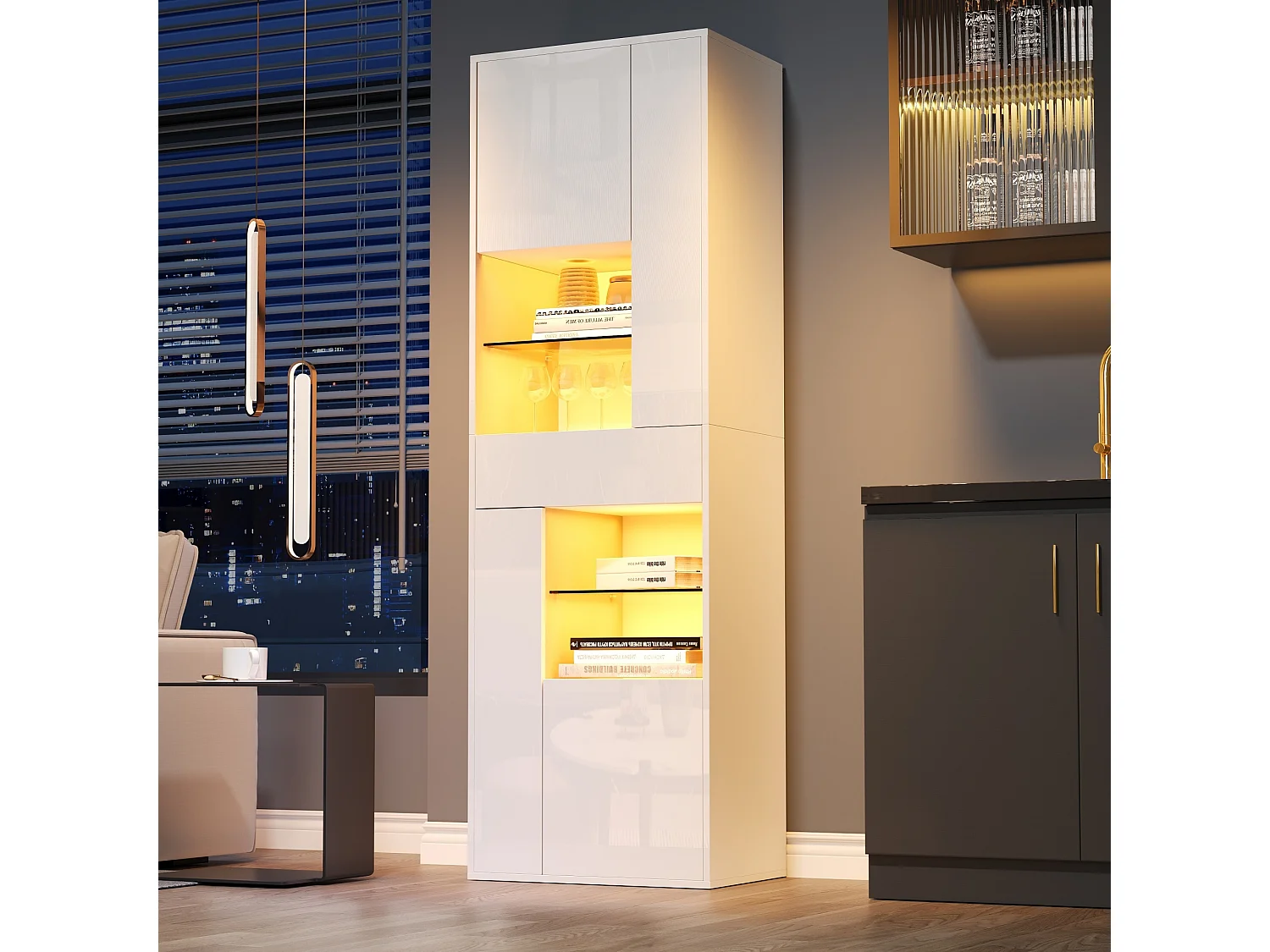 Vitrine LED avec 1 tiroir de rangement et 4 portes, étagères en verre - blanc