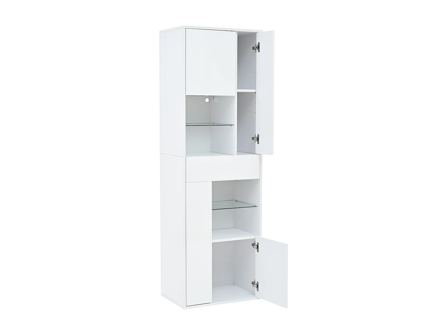 Vitrine LED avec 1 tiroir de rangement et 4 portes, étagères en verre - blanc