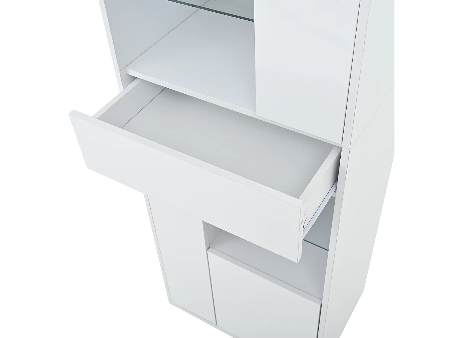 Vitrine LED avec 1 tiroir de rangement et 4 portes, étagères en verre - blanc