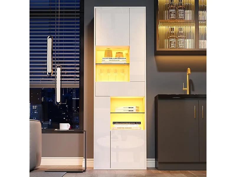 Witte LED-vitrinekast met 1 lade, 4 deuren en glazen legplanken