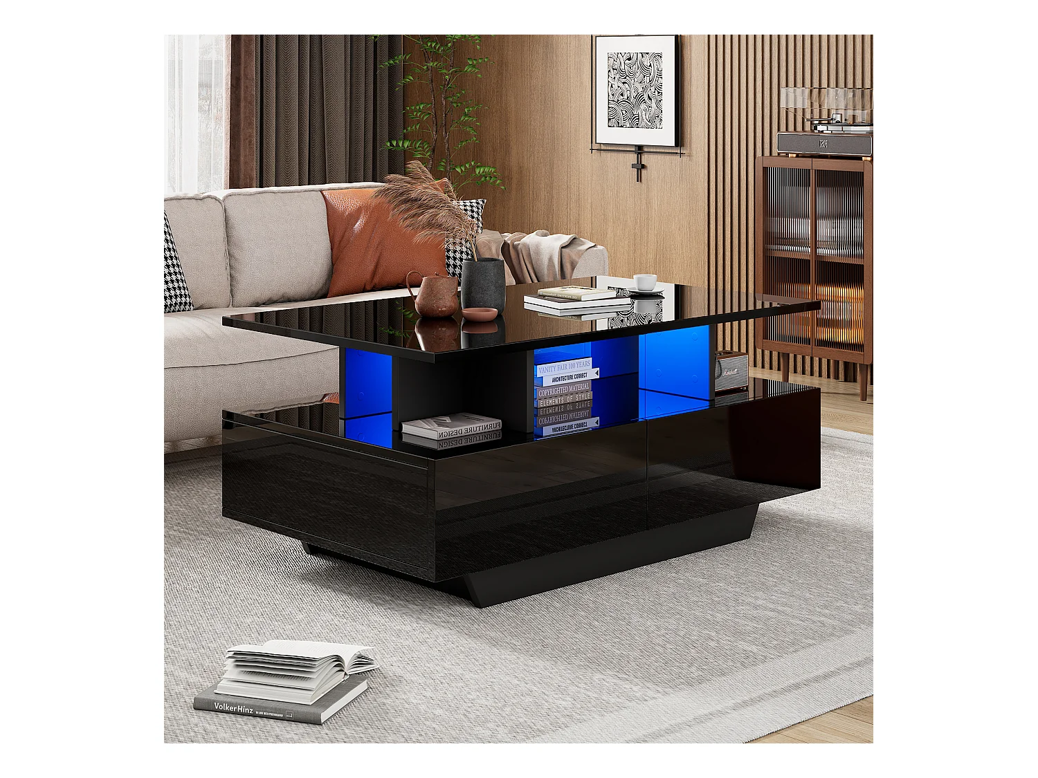 Schwarzer LED-Couchtisch mit 2 Schubladen und offenem Regal