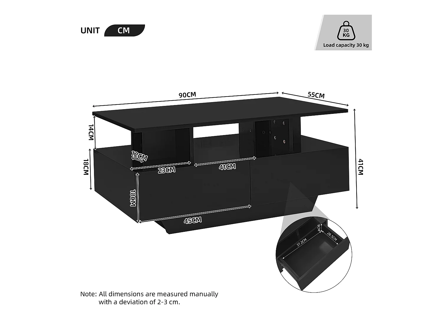 Schwarzer LED-Couchtisch mit 2 Schubladen und offenem Regal