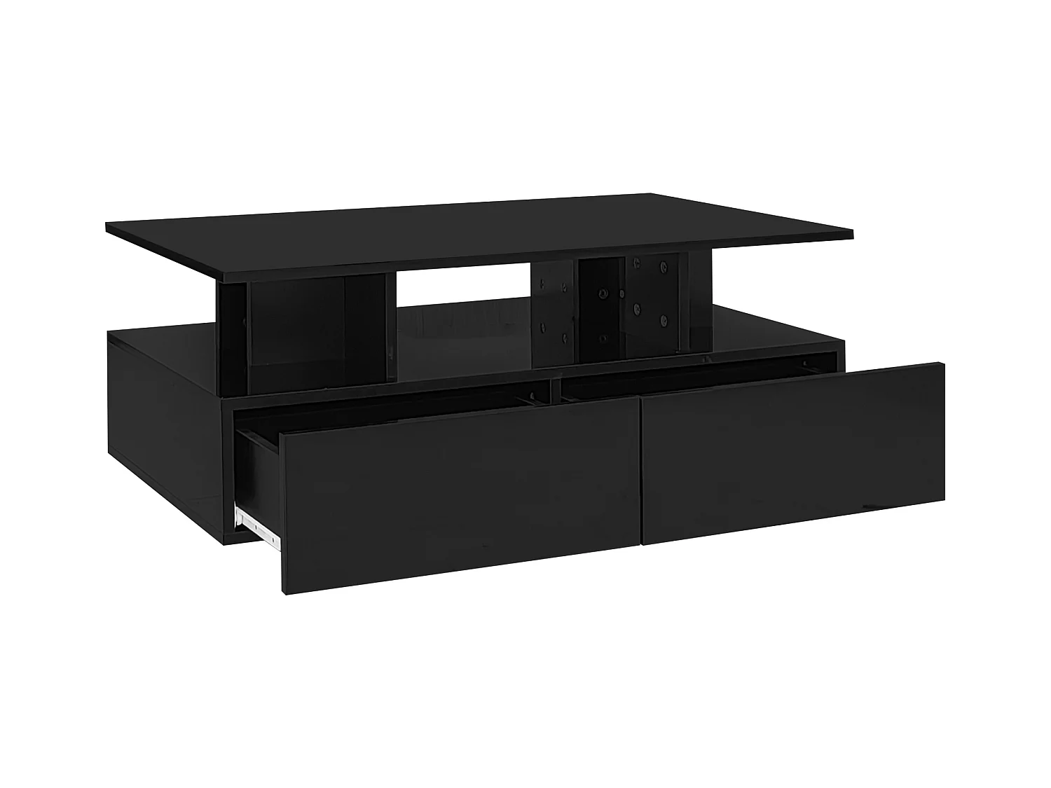 Schwarzer LED-Couchtisch mit 2 Schubladen und offenem Regal
