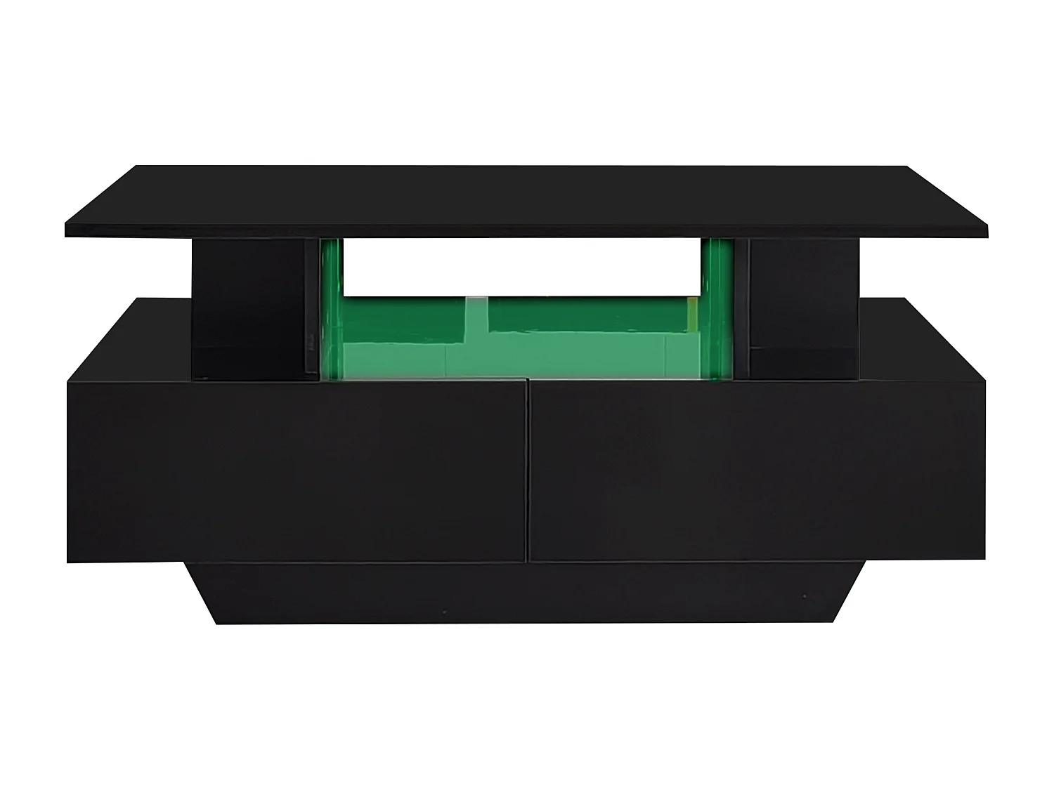 Schwarzer LED-Couchtisch mit 2 Schubladen und offenem Regal