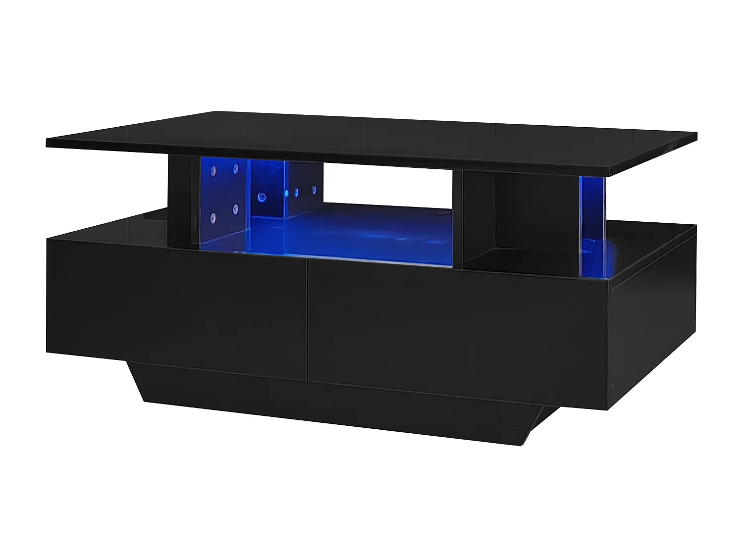 Schwarzer LED-Couchtisch mit 2 Schubladen und offenem Regal