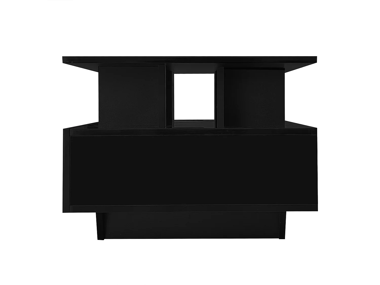 Schwarzer LED-Couchtisch mit 2 Schubladen und offenem Regal