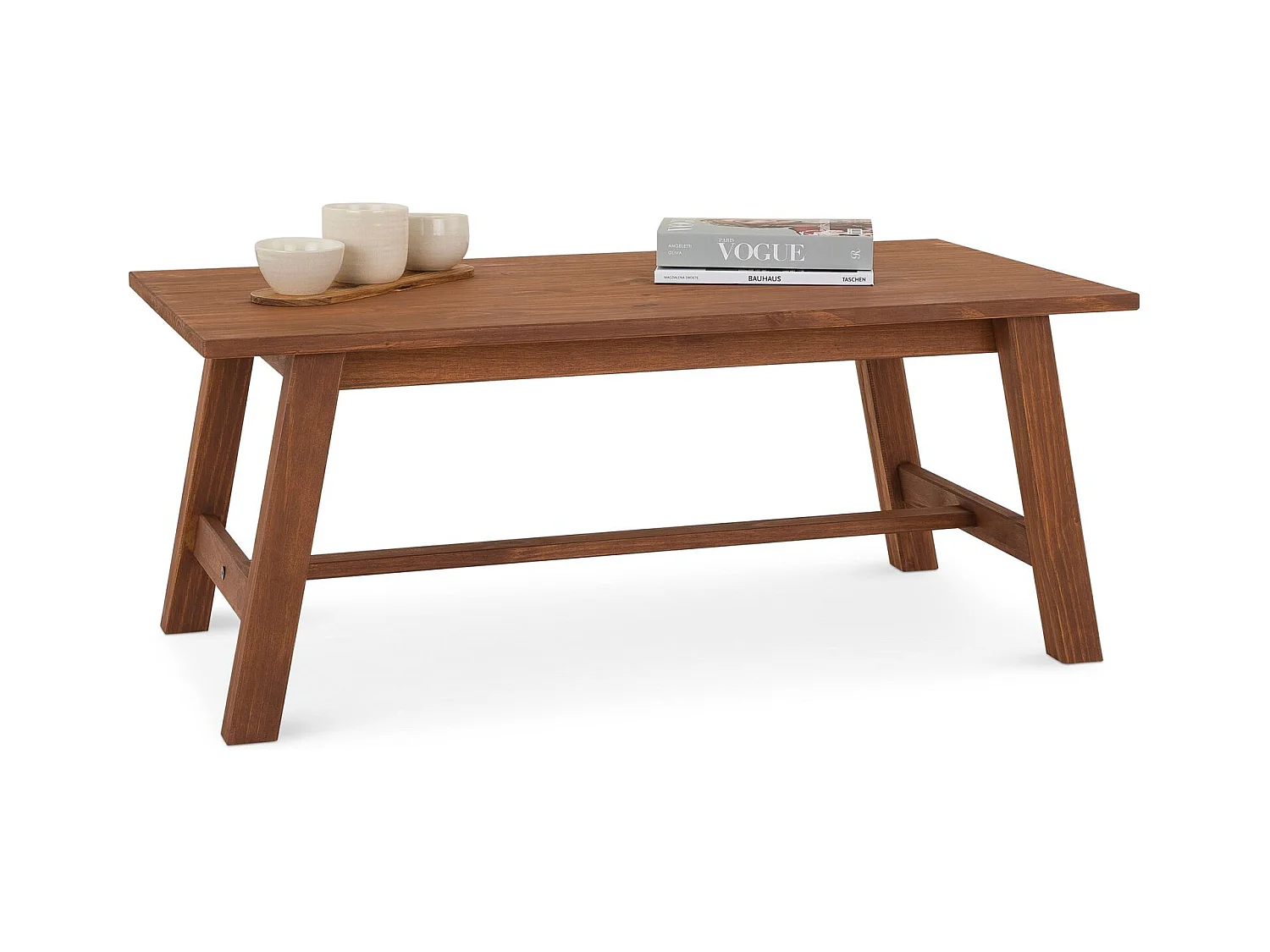 Table basse LUZERNA rectangulaire pour salon en bois massif brun foncé, 110 x 45 cm, design moderne minimaliste, pieds en bois