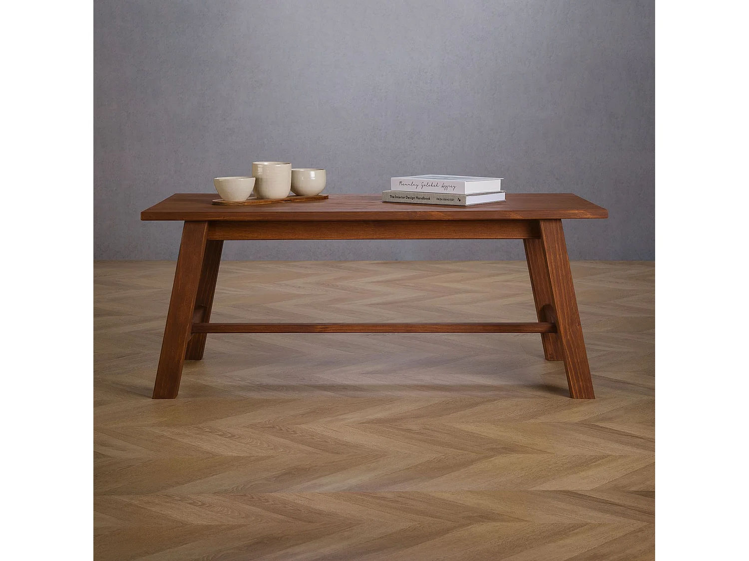 Table basse LUZERNA rectangulaire pour salon en bois massif brun foncé, 110 x 45 cm, design moderne minimaliste, pieds en bois