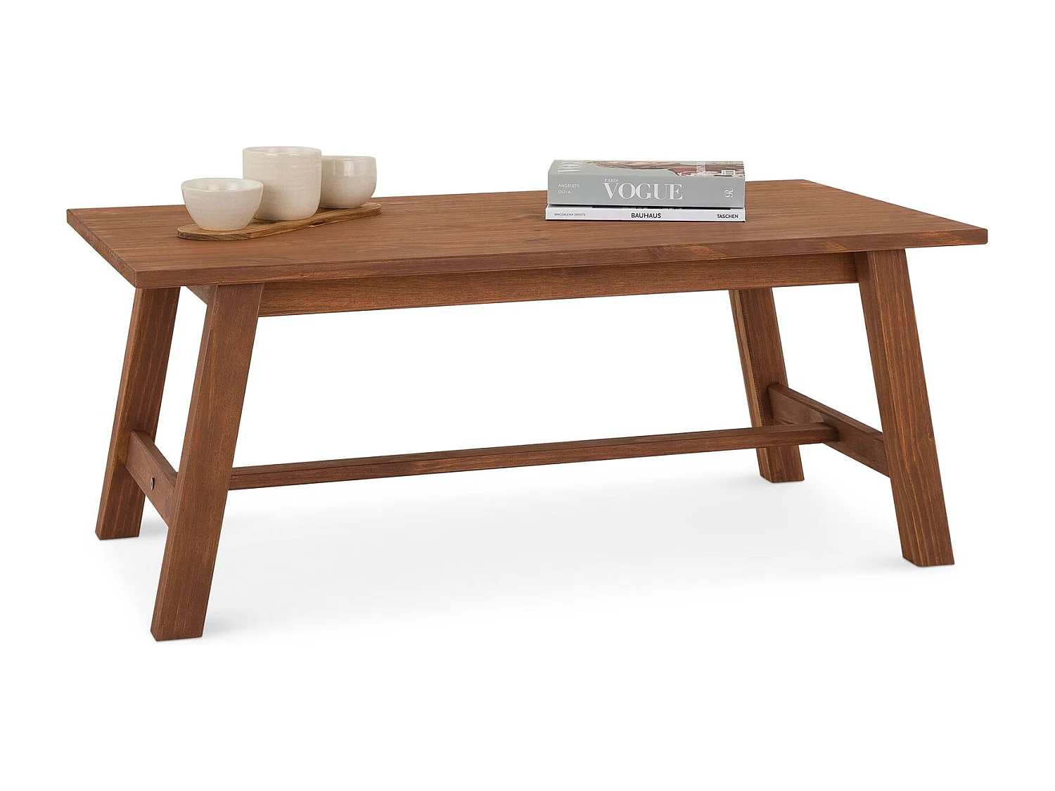 Table basse LUZERNA rectangulaire pour salon en bois massif brun foncé, 110 x 45 cm, design moderne minimaliste, pieds en bois