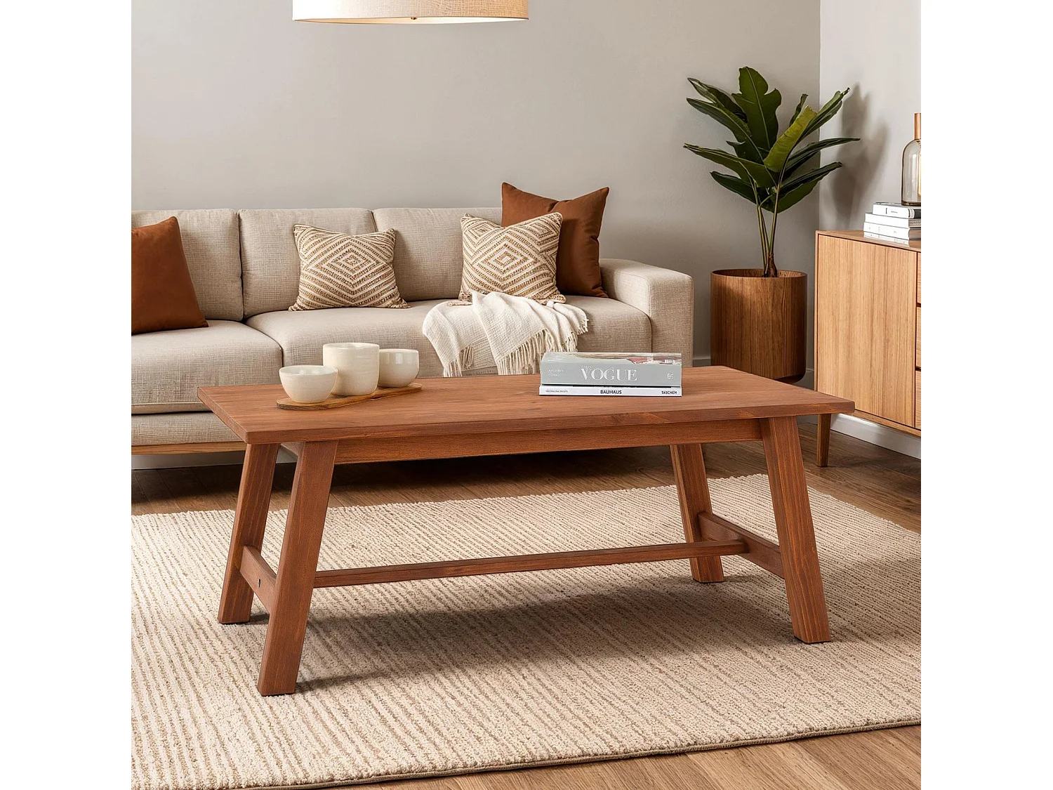 Table basse LUZERNA rectangulaire pour salon en bois massif brun foncé, 110 x 45 cm, design moderne minimaliste, pieds en bois