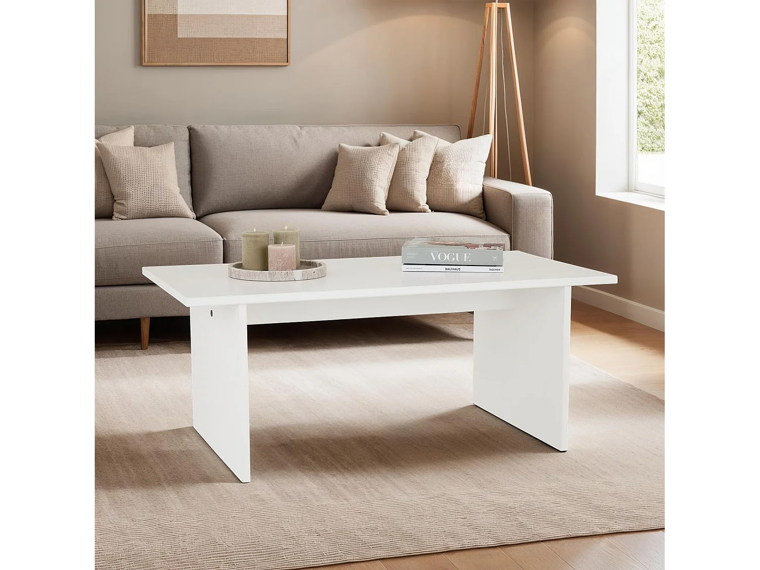 Table basse SALTO rectangulaire pour salon en bois massif blanc, 110x45 cm, élégante et minimaliste, pieds en bois