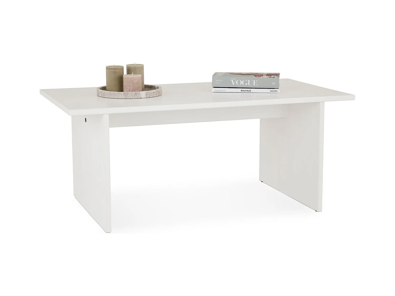 Table basse SALTO rectangulaire pour salon en bois massif blanc, 110x45 cm, élégante et minimaliste, pieds en bois