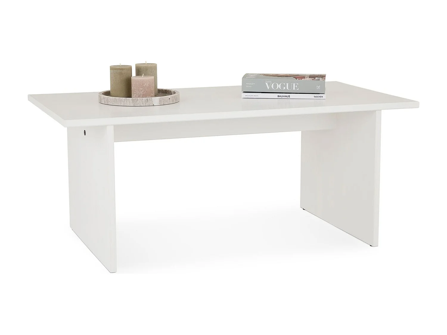 Table basse SALTO rectangulaire pour salon en bois massif blanc, 110x45 cm, élégante et minimaliste, pieds en bois