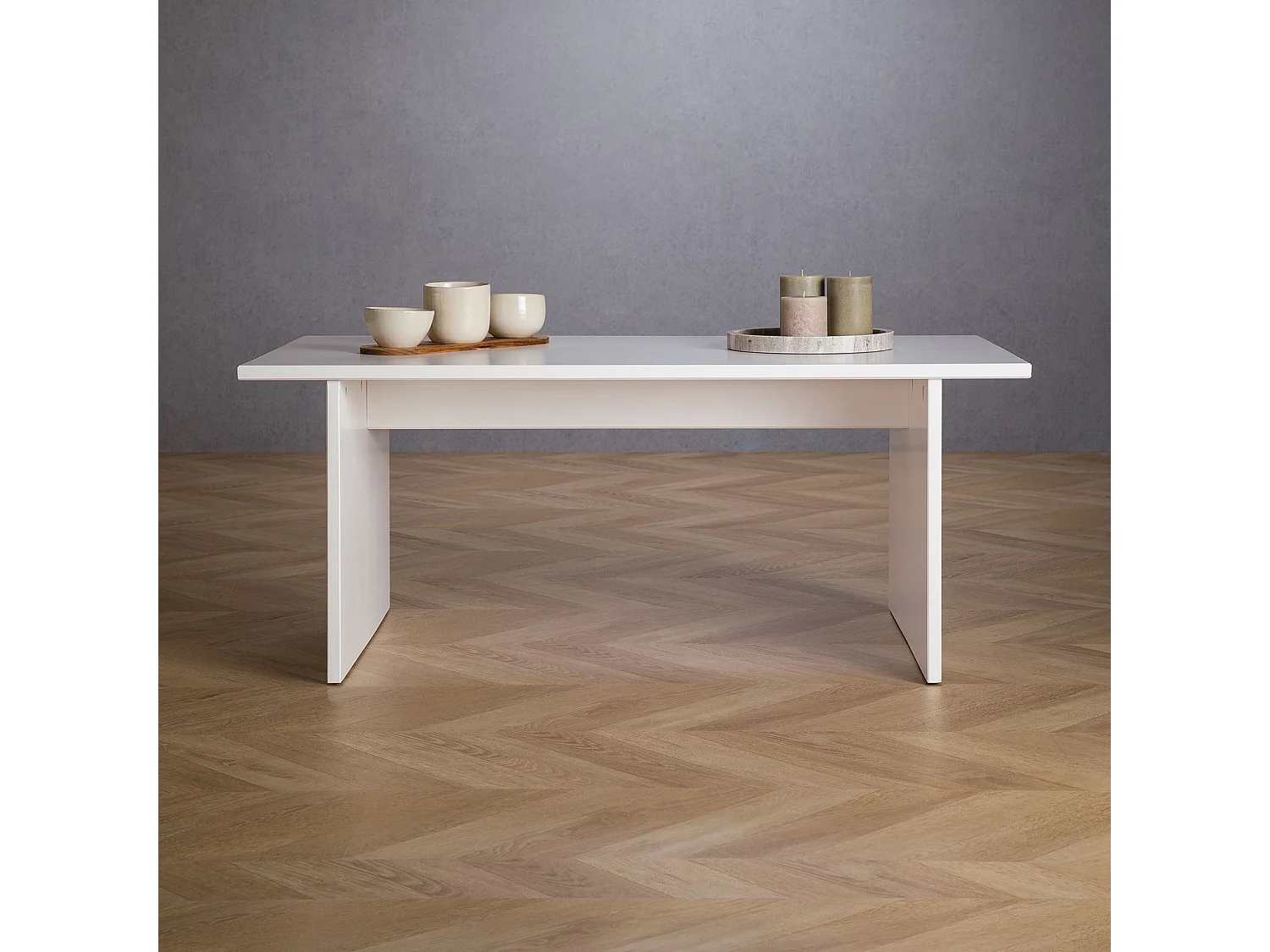 Table basse SALTO rectangulaire pour salon en bois massif blanc, 110x45 cm, élégante et minimaliste, pieds en bois