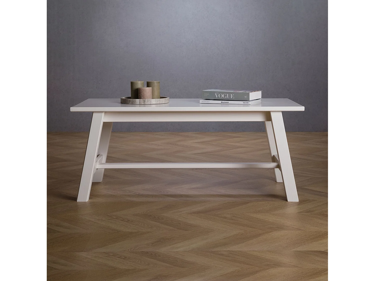 Table basse LUZERNA rectangulaire pour salon en bois massif blanc, 110 x 45 cm, design moderne minimaliste, pieds en bois