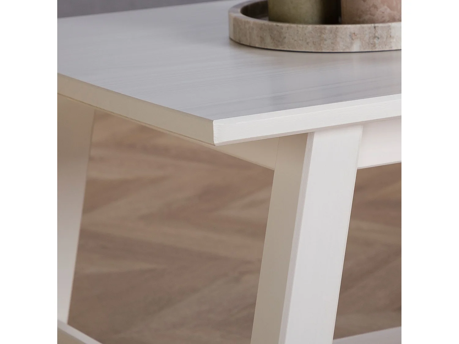 Table basse LUZERNA rectangulaire pour salon en bois massif blanc, 110 x 45 cm, design moderne minimaliste, pieds en bois