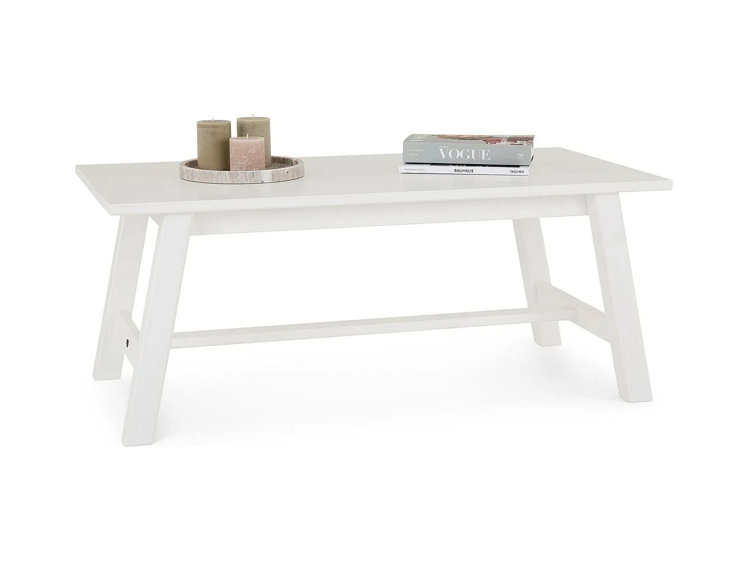 Table basse LUZERNA rectangulaire pour salon en bois massif blanc, 110 x 45 cm, design moderne minimaliste, pieds en bois