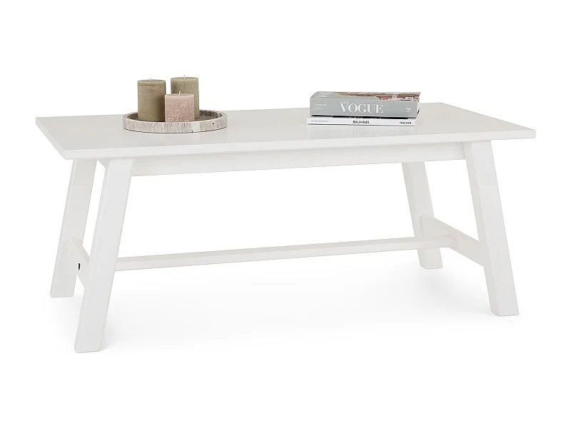 Table basse LUZERNA rectangulaire pour salon en bois massif blanc, 110 x 45 cm, design moderne minimaliste, pieds en bois