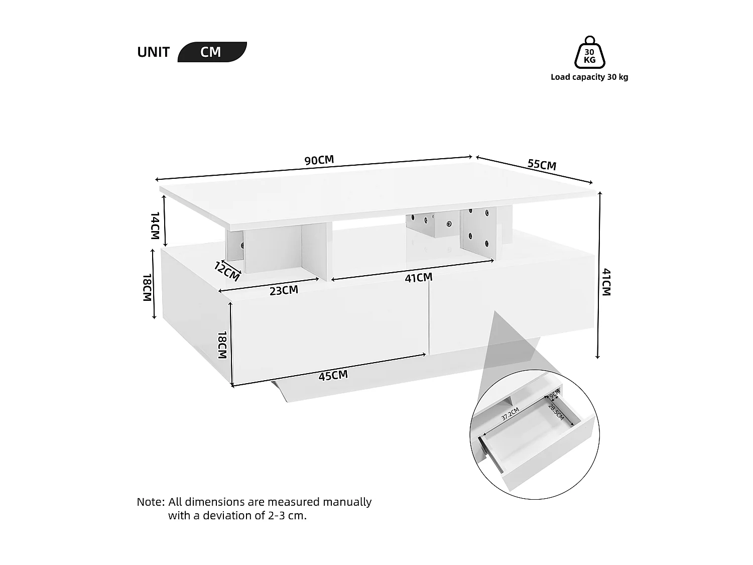 Table basse LED avec 2 tiroirs de rangement et étagères ouvertes - blanc
