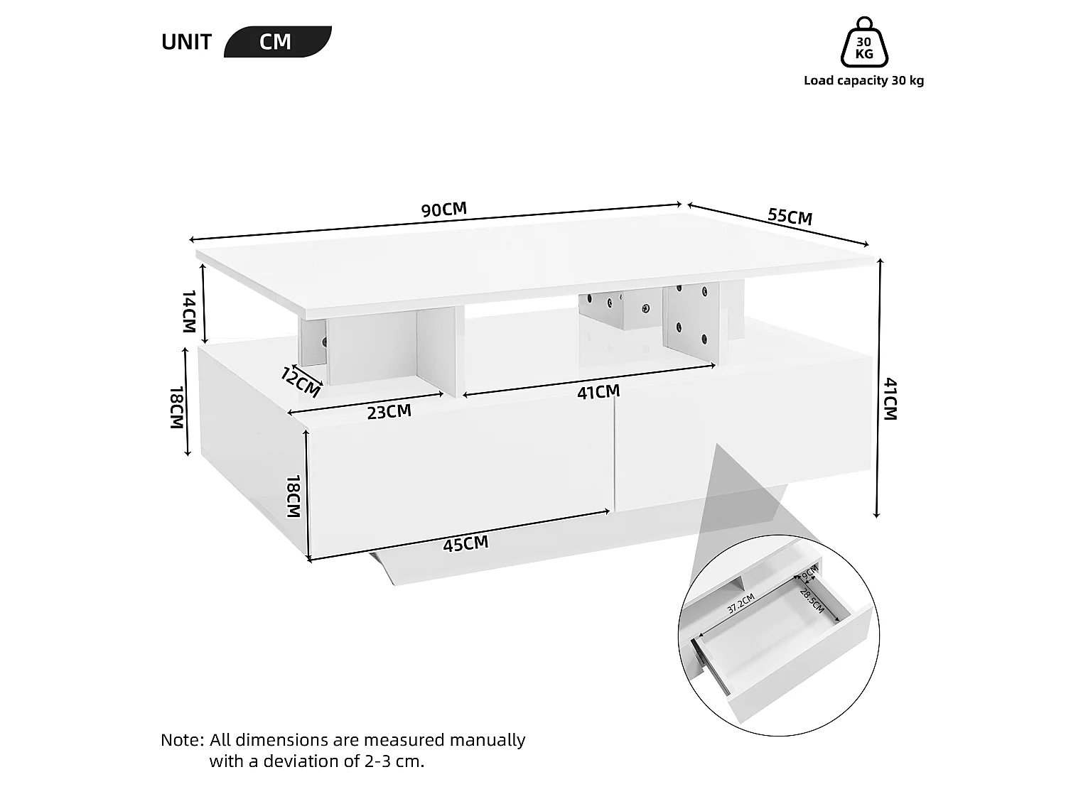 Table basse LED avec 2 tiroirs de rangement et étagères ouvertes - blanc