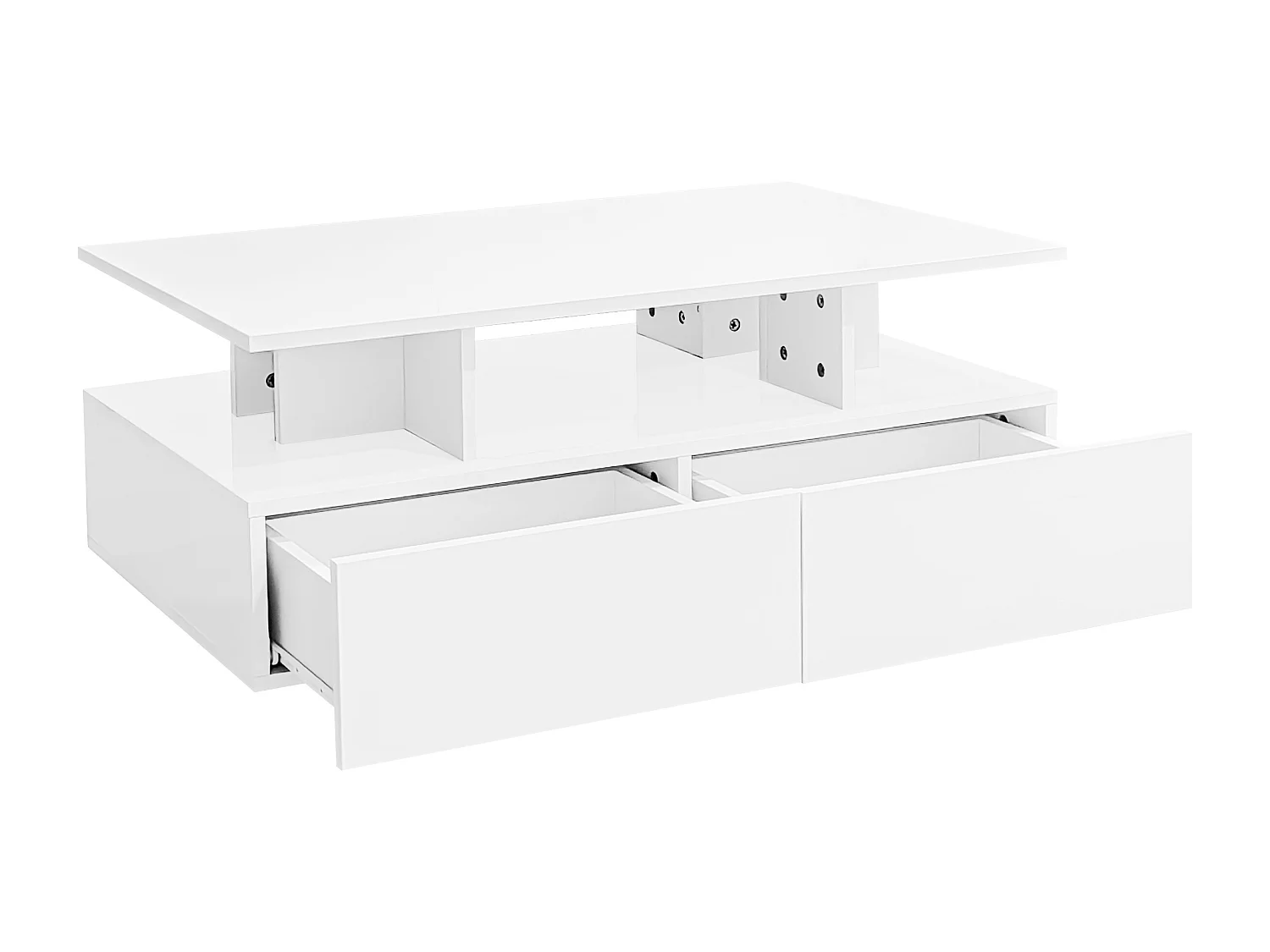 Table basse LED avec 2 tiroirs de rangement et étagères ouvertes - blanc