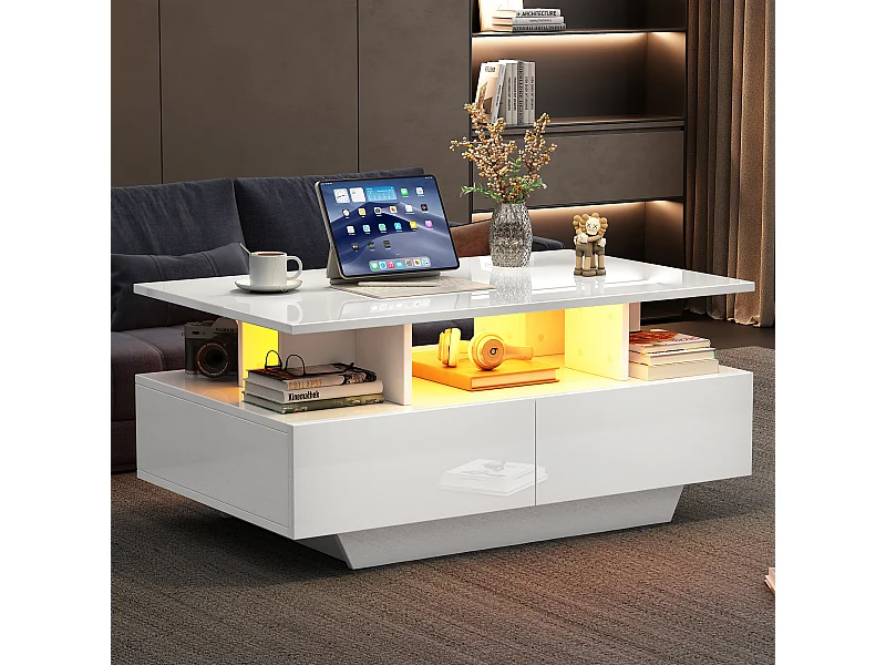 Witte LED-salontafel met 2 opbergladen en open plank