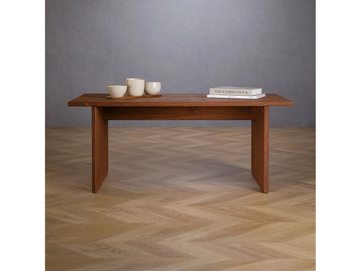 Table basse SALTO rectangulaire pour salon en bois massif brun foncé, 110x45 cm, élégante et minimaliste, pieds en bois