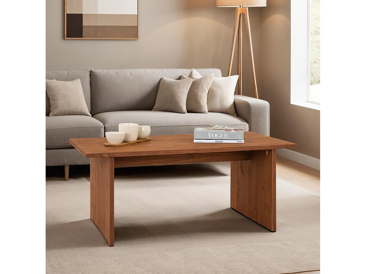 Table basse SALTO rectangulaire pour salon en bois massif brun foncé, 110x45 cm, élégante et minimaliste, pieds en bois