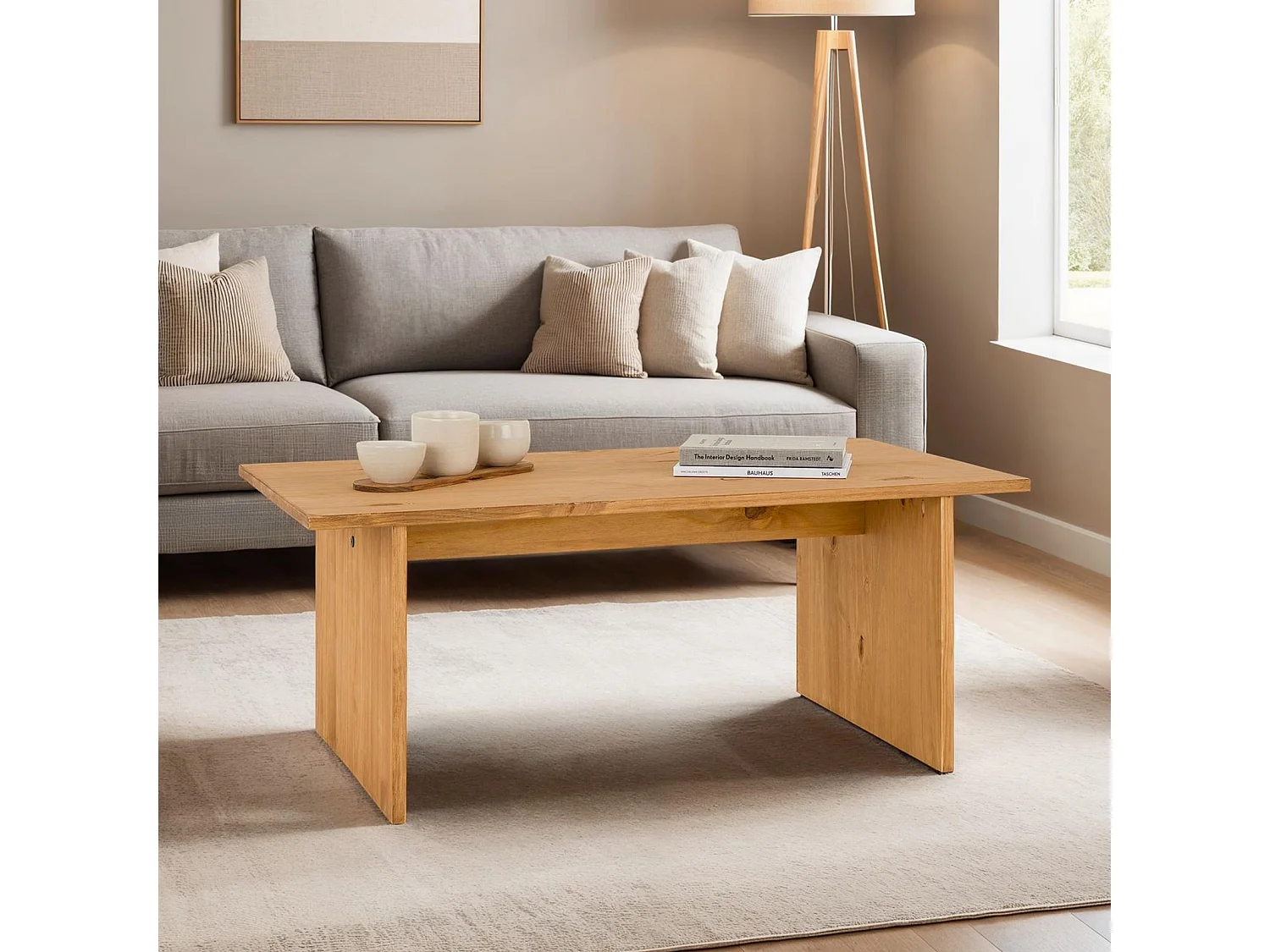 Table basse SALTO rectangulaire pour salon en bois massif finition laquée, 110x45 cm, élégante et minimaliste, pieds en bois