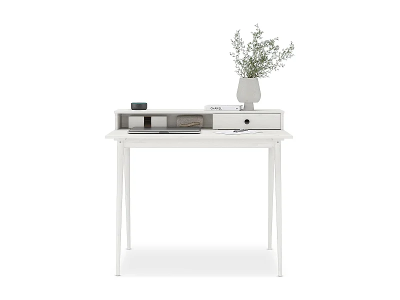 Bureau MALINA secrétaire en bois massif blanc avec rangement étagère et 1 tiroir design minimaliste 100 x 75 cm