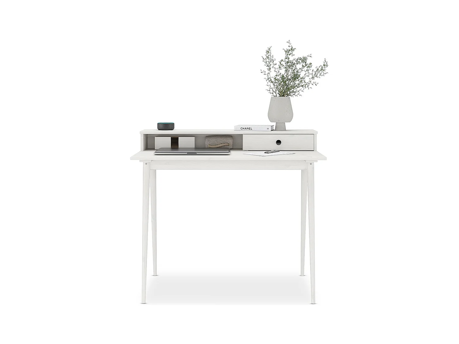 Bureau MALINA secrétaire en bois massif blanc avec rangement étagère et 1 tiroir design minimaliste 100 x 75 cm