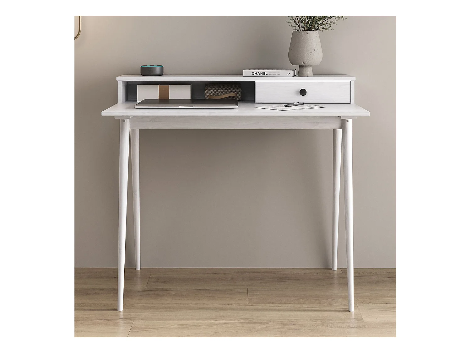 Bureau MALINA secrétaire en bois massif blanc avec rangement étagère et 1 tiroir design minimaliste 100 x 75 cm