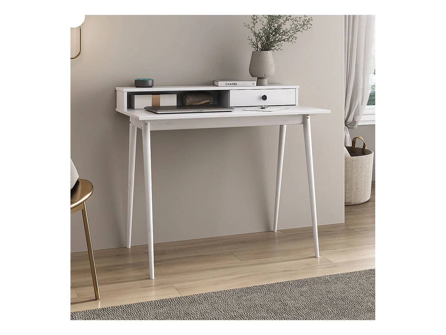Bureau MALINA secrétaire en bois massif blanc avec rangement étagère et 1 tiroir design minimaliste 100 x 75 cm