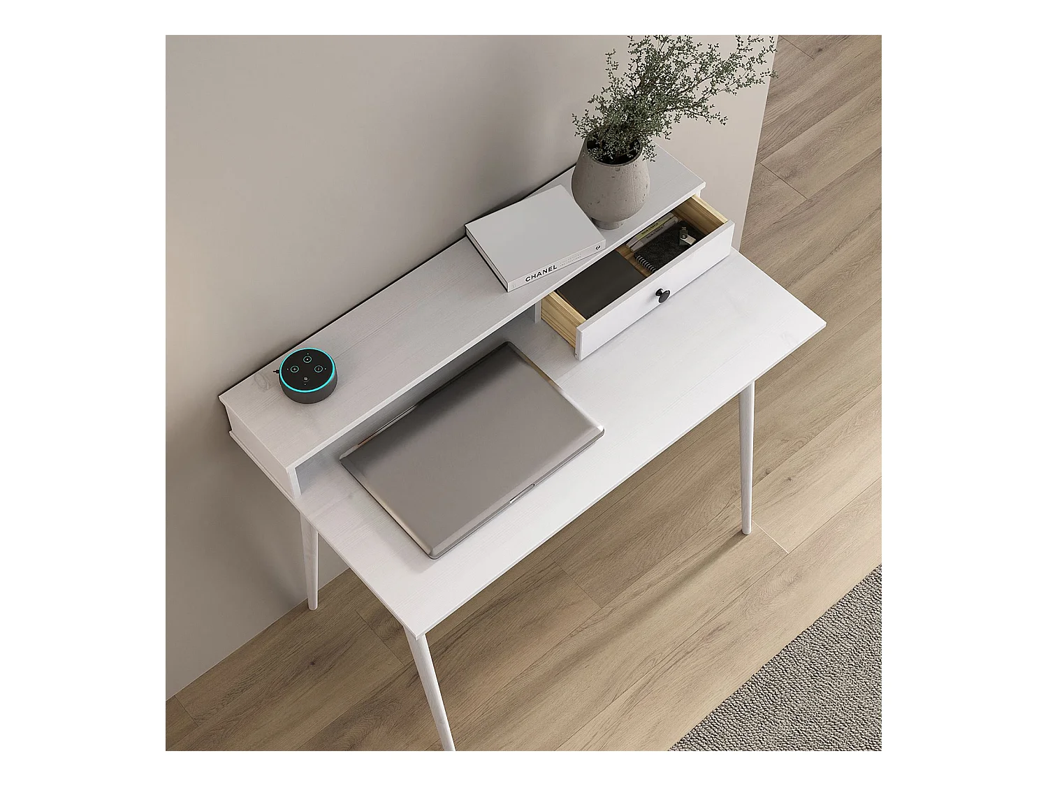 Bureau MALINA secrétaire en bois massif blanc avec rangement étagère et 1 tiroir design minimaliste 100 x 75 cm