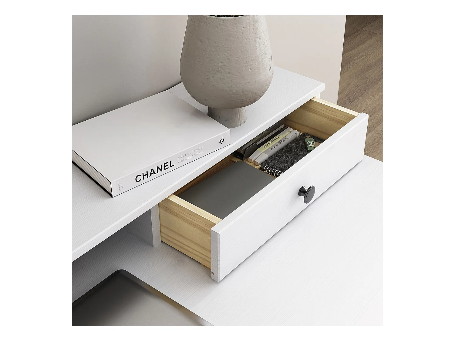 Bureau MALINA secrétaire en bois massif blanc avec rangement étagère et 1 tiroir design minimaliste 100 x 75 cm