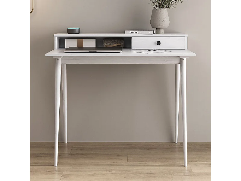 Bureau MALINA secrétaire en bois massif blanc avec rangement étagère et 1 tiroir design minimaliste 100 x 75 cm
