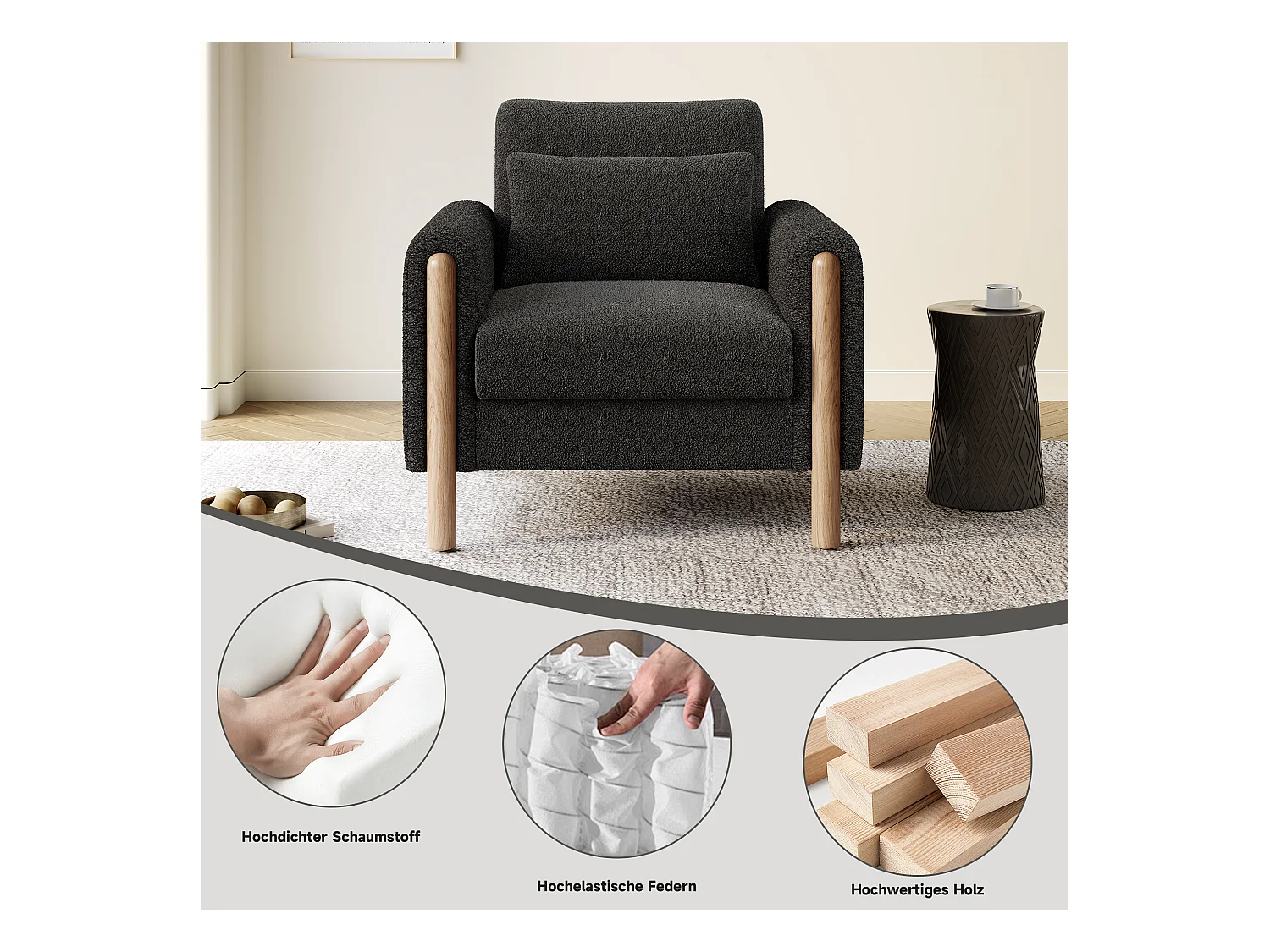 Fauteuil moderne avec coussin épais - 87 x 83 x 88.5 cm - fauteuil simple - velours - gris