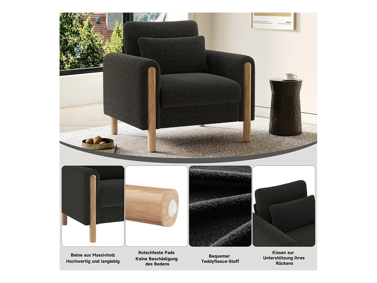 Fauteuil moderne avec coussin épais - 87 x 83 x 88.5 cm - fauteuil simple - velours - gris