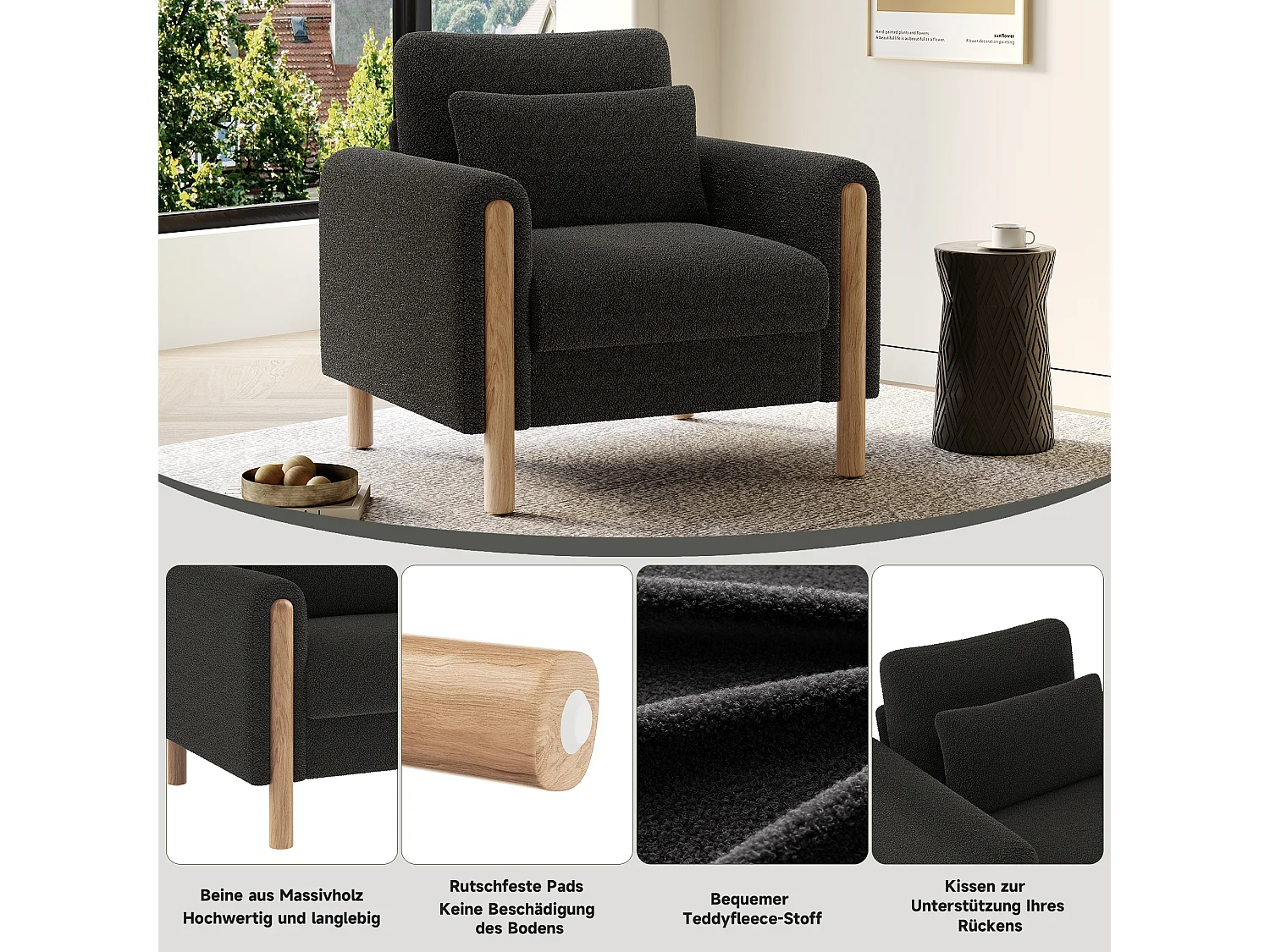 Fauteuil moderne avec coussin épais - 87 x 83 x 88.5 cm - fauteuil simple - velours - gris