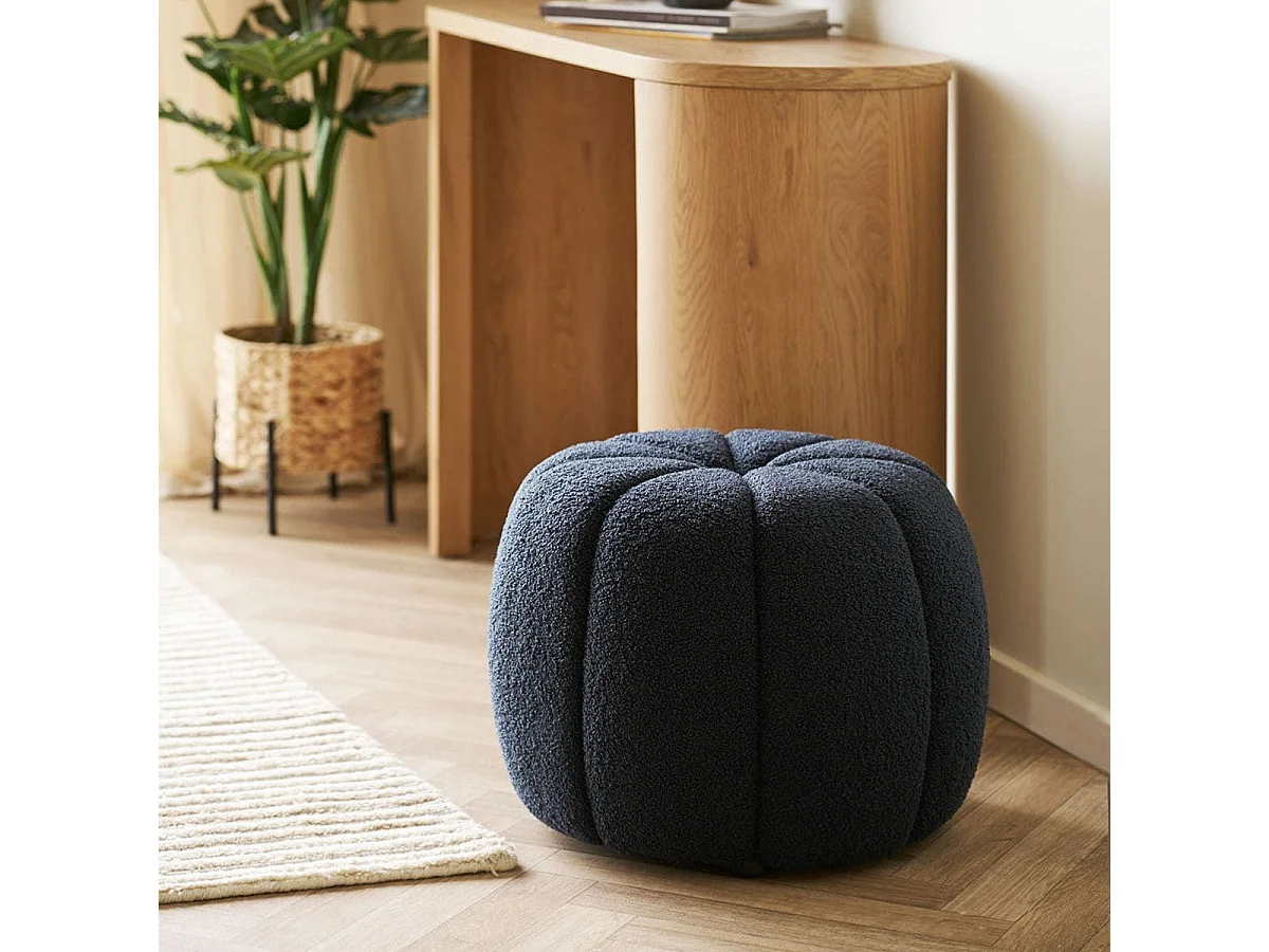 Pouf Rond en Tissu Bouclé bleu marine Pieds MDF - PUMBA
