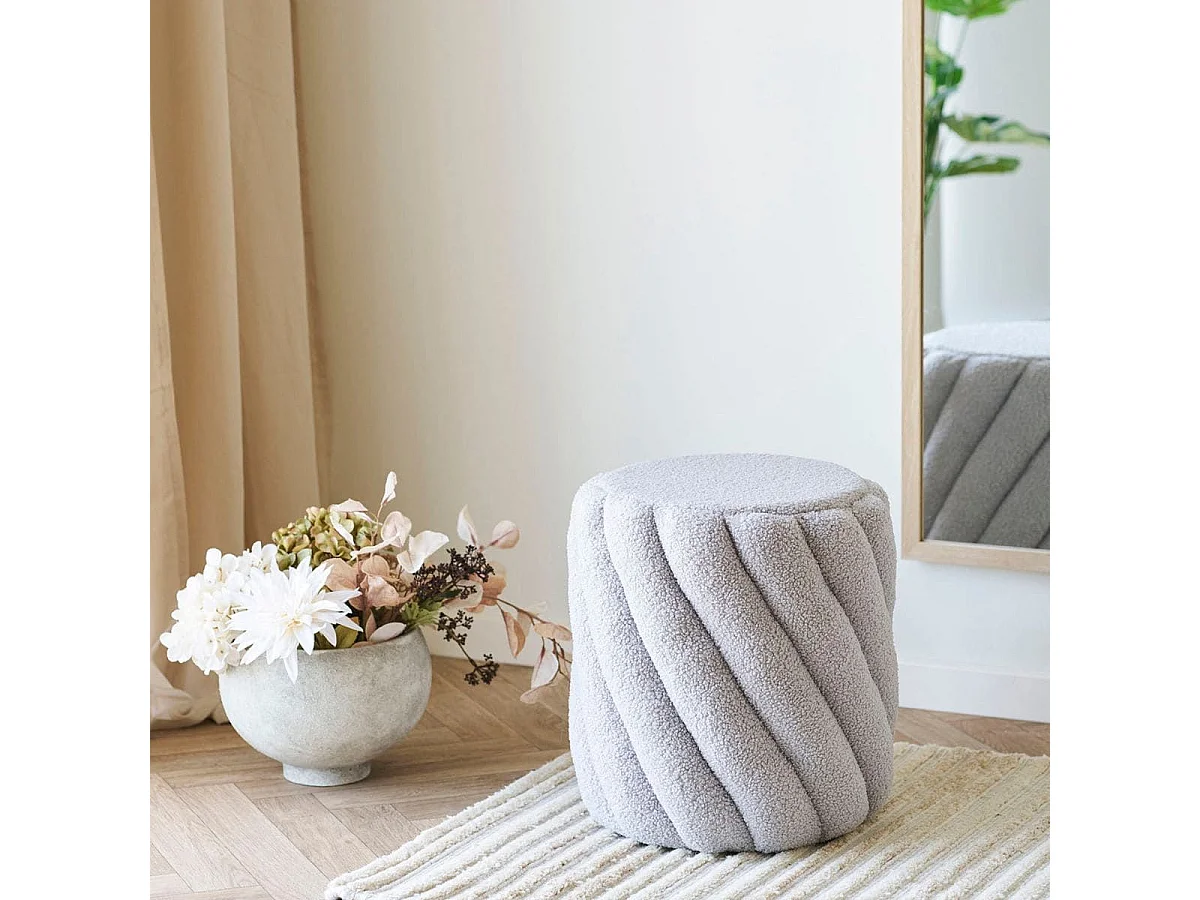 Pouf Rond Ø38cm en Tissu Bouclé torsadé gris - YONA