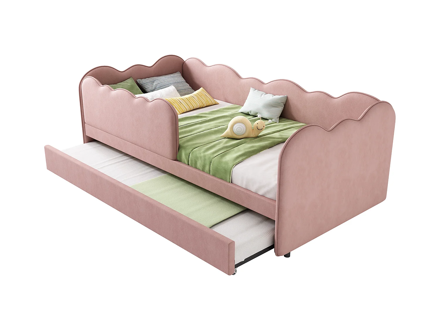 Lit banquette 90x190 cm avec lit gigogne et sommier à lattes, velours rose - sans matelas